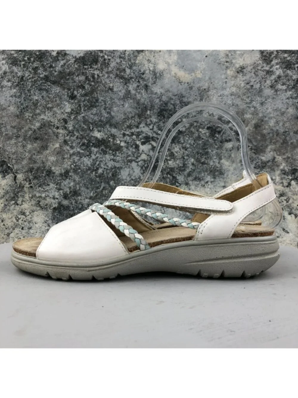 Hotter Women's Size 8 Inspire White Leather Braided Open Toe Hook & Loop Sandals
